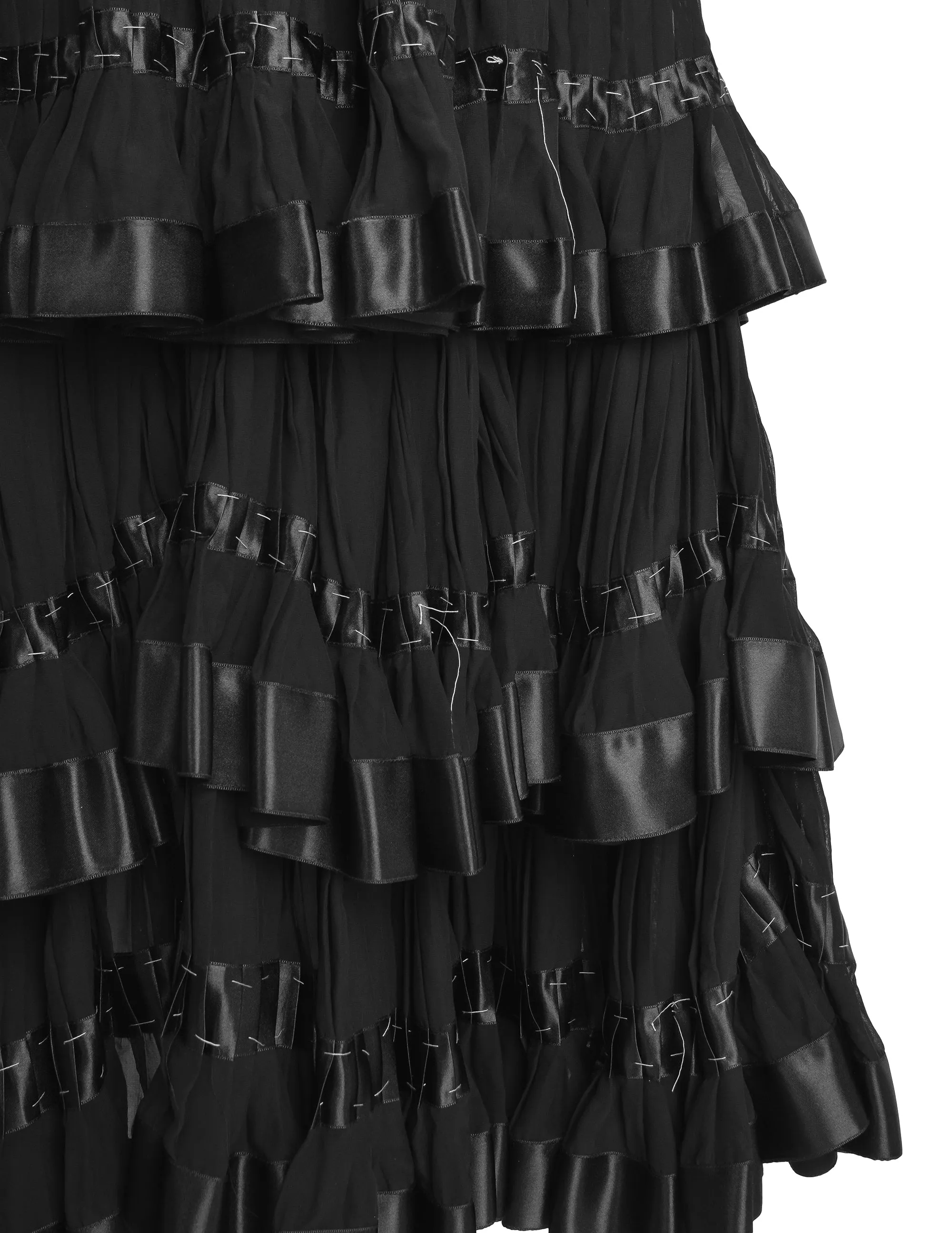 Kenzo Vintage 1980s Black Pleated Silk Chiffon Tiered Dramatic Full Length Skirt