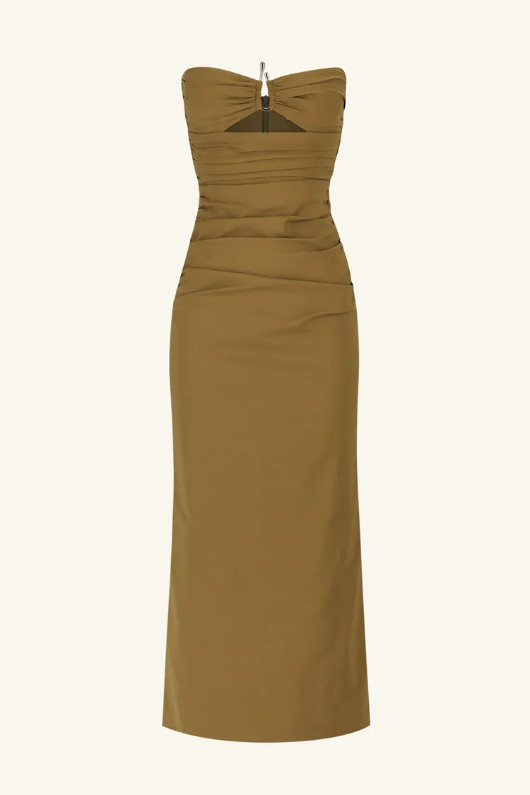 Lani Strapless Gathered Midi Dress in Army Green