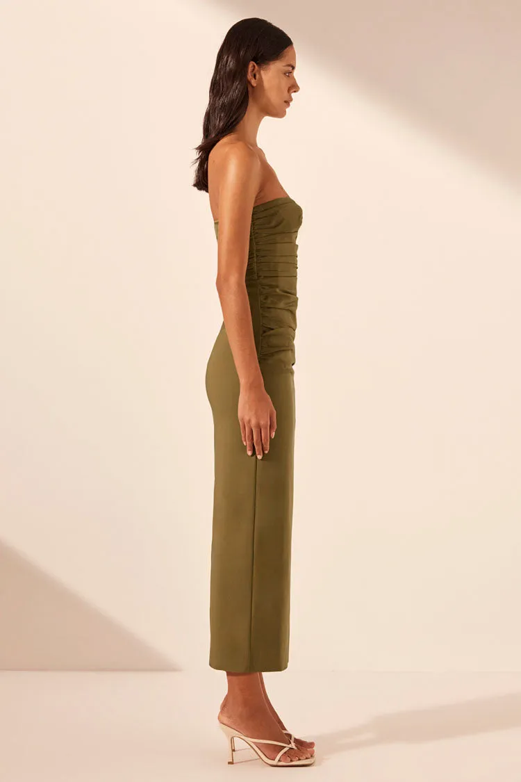 Lani Strapless Gathered Midi Dress in Army Green