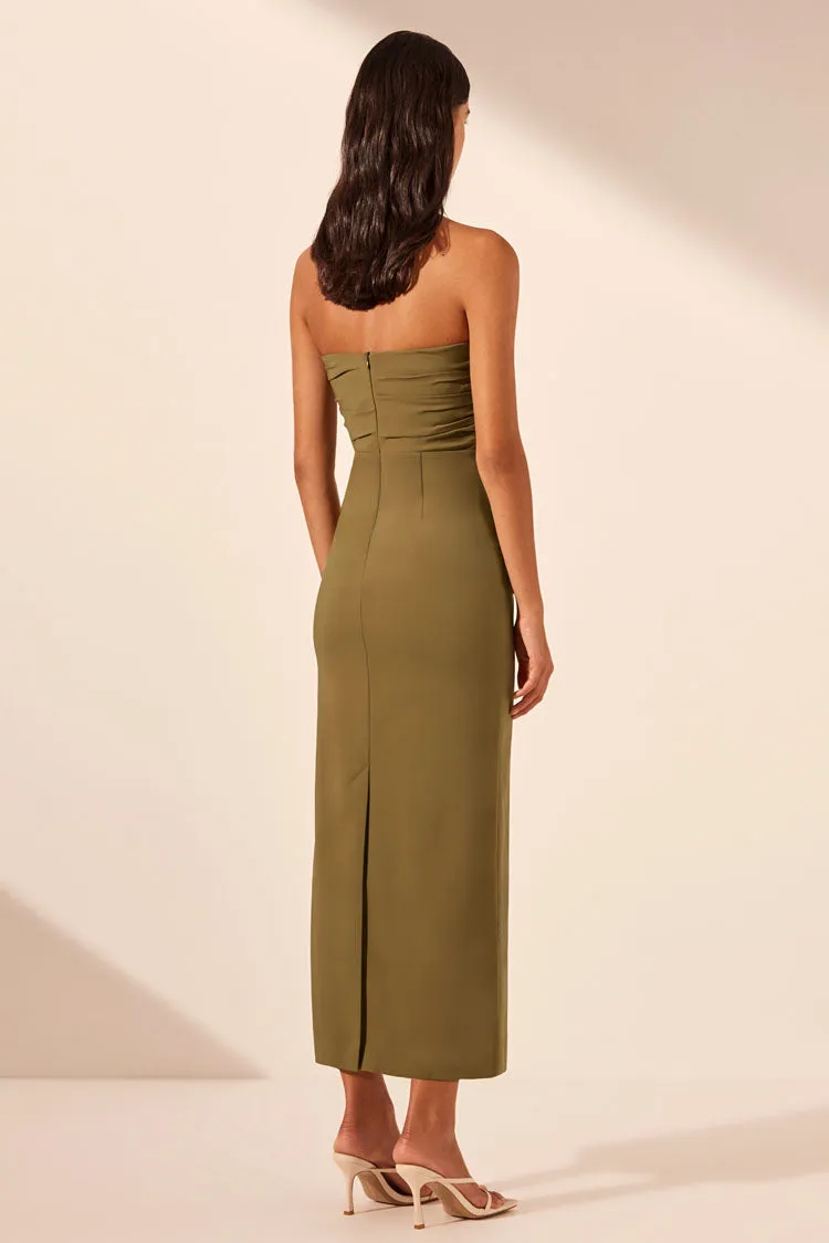 Lani Strapless Gathered Midi Dress in Army Green