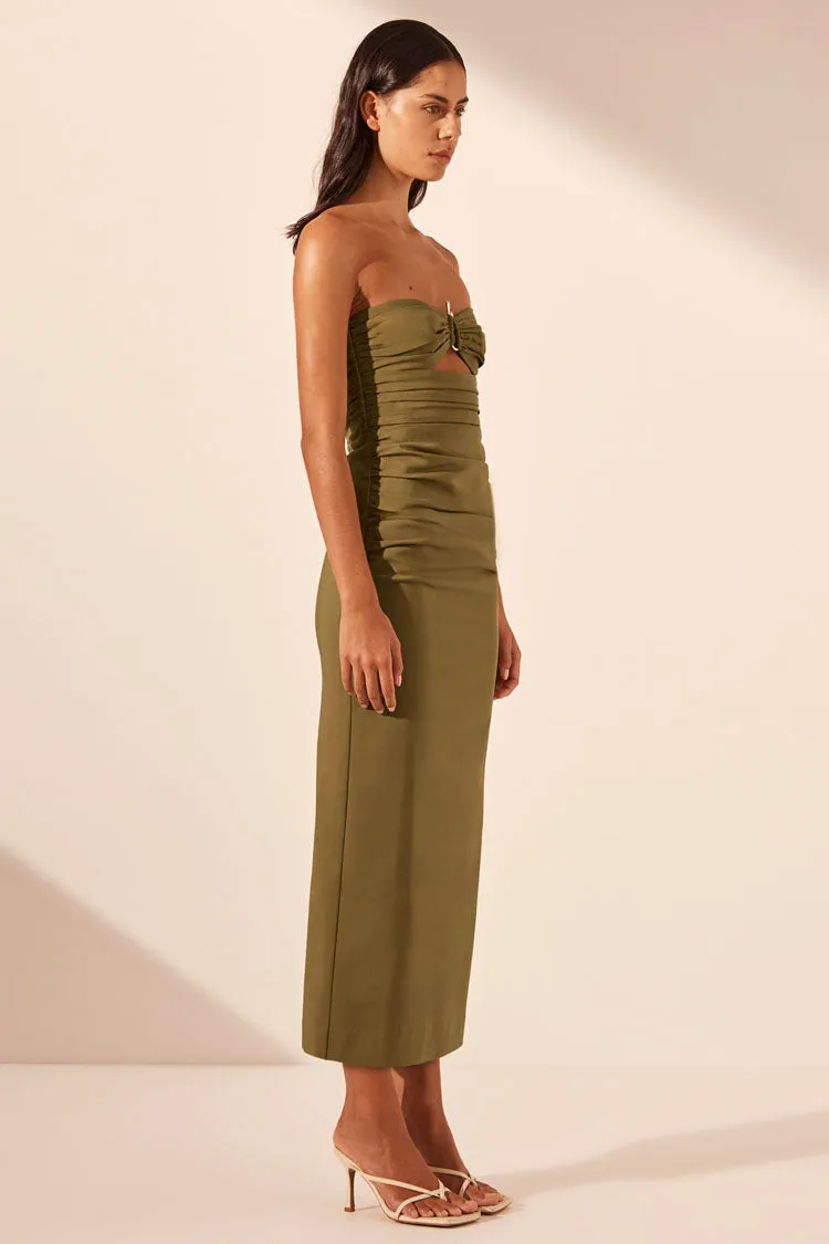 Lani Strapless Gathered Midi Dress in Army Green