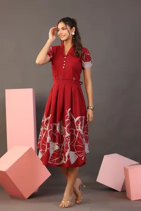 Leaf Mystery on Maroon Cotton MIDI Dress