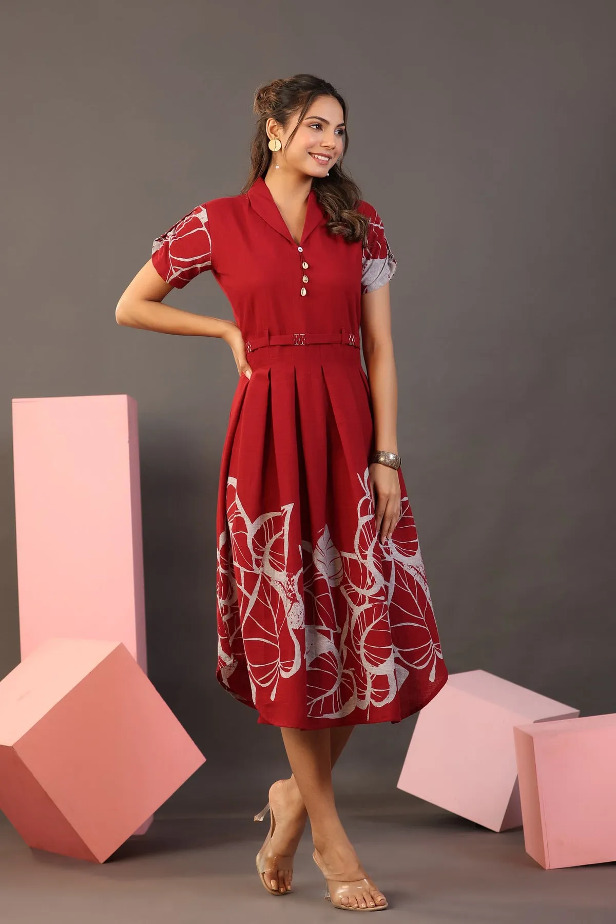 Leaf Mystery on Maroon Cotton MIDI Dress