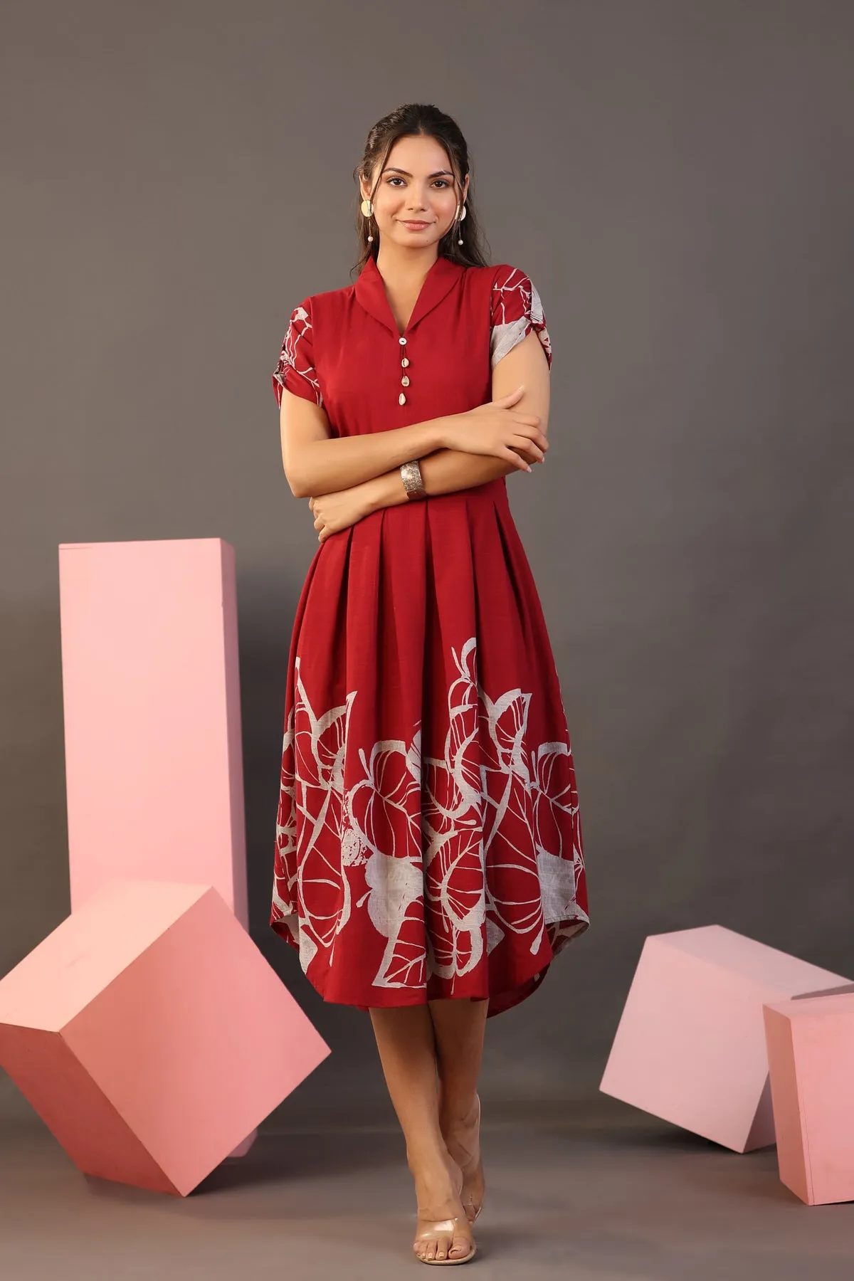 Leaf Mystery on Maroon Cotton MIDI Dress