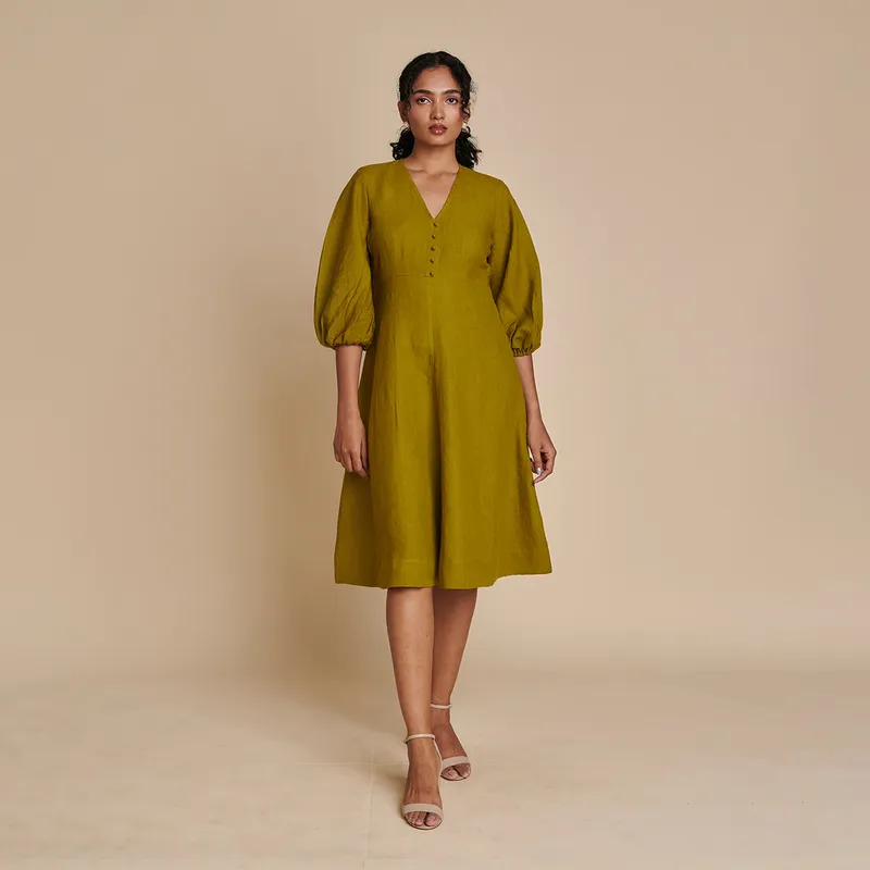 Linen Midi Dress for Women | Mehendi Green | Puff Sleeves