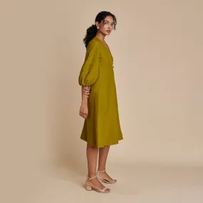 Linen Midi Dress for Women | Mehendi Green | Puff Sleeves