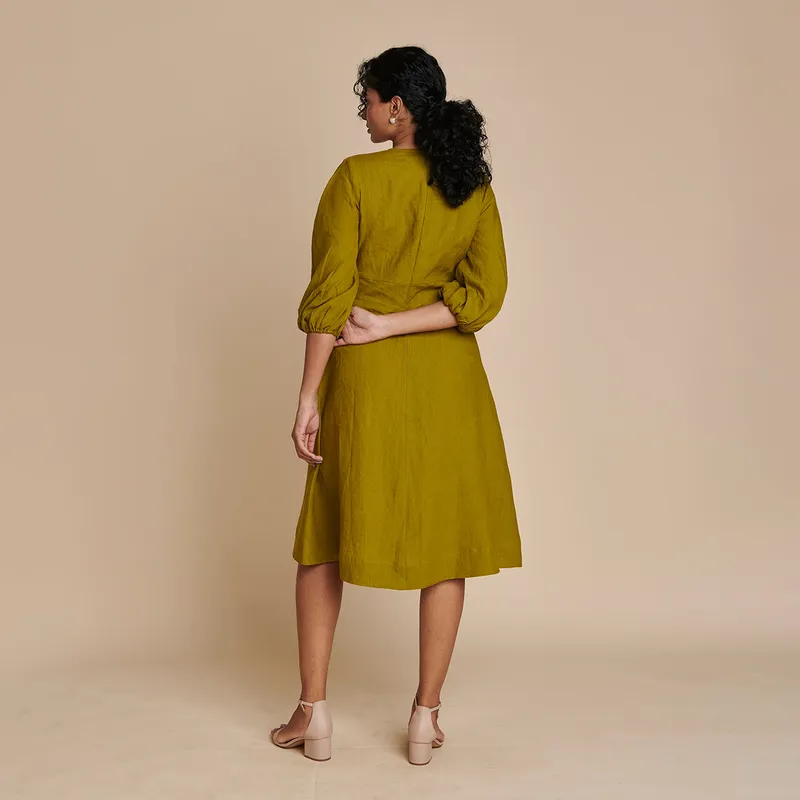 Linen Midi Dress for Women | Mehendi Green | Puff Sleeves