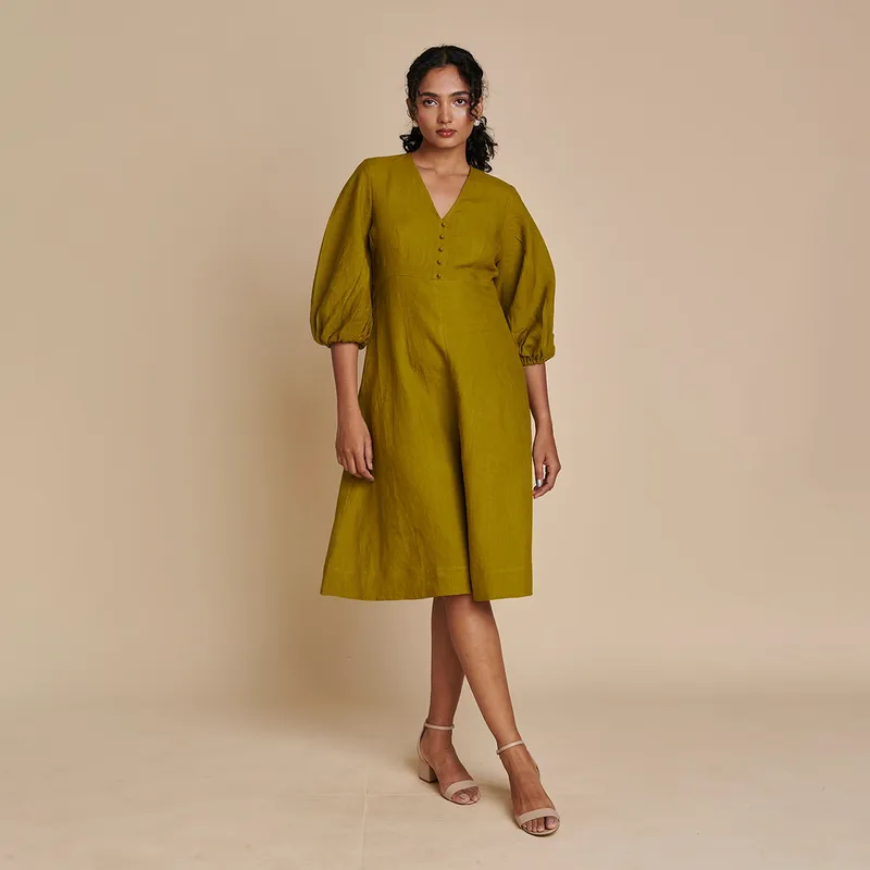 Linen Midi Dress for Women | Mehendi Green | Puff Sleeves