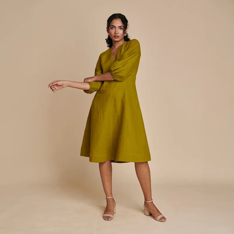 Linen Midi Dress for Women | Mehendi Green | Puff Sleeves