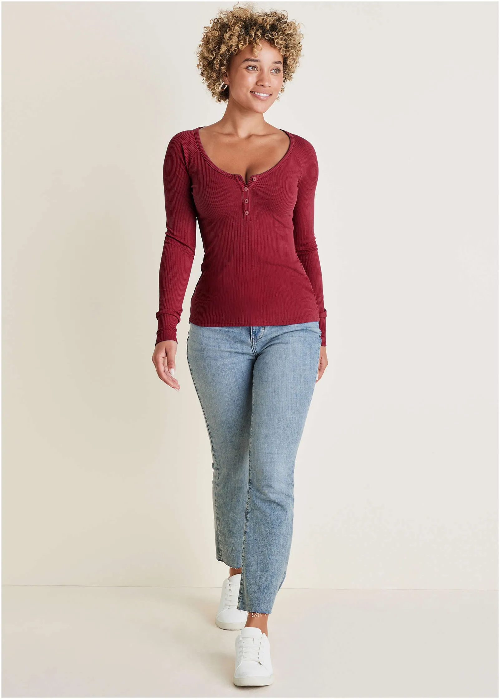 Long Sleeve Henley Tee - Wine