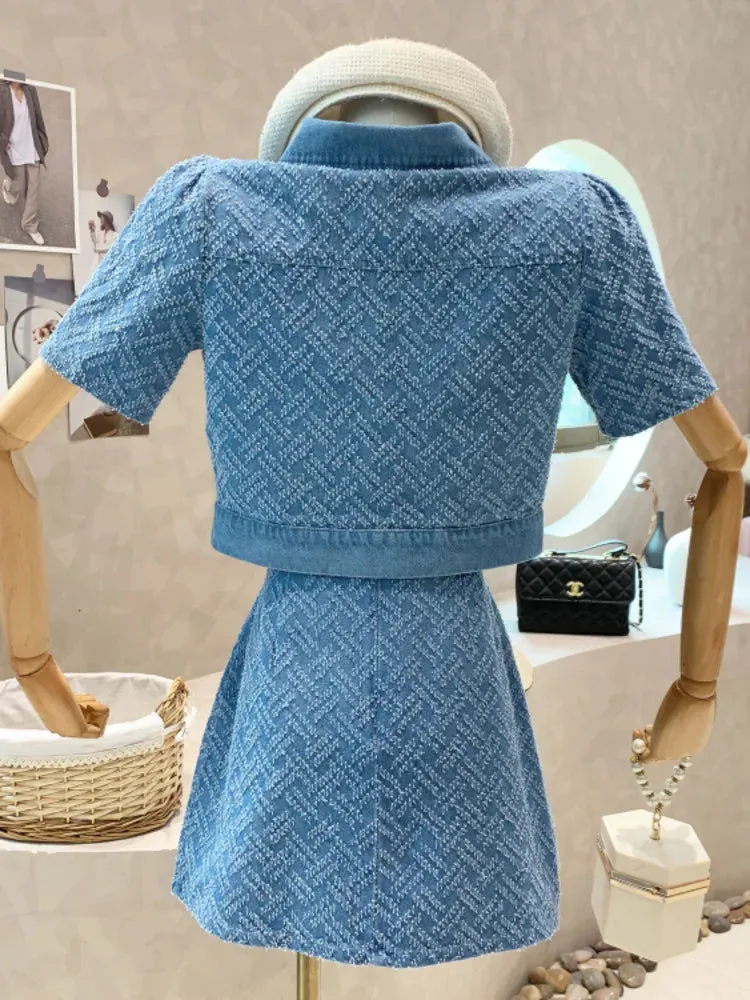 LVSANW 2024 Summer New Street Fashion Women's Suit With Skirt Denim Short Sleeve Top Sweet Girl Female Blue Plaid Skirt 2 Piece Set