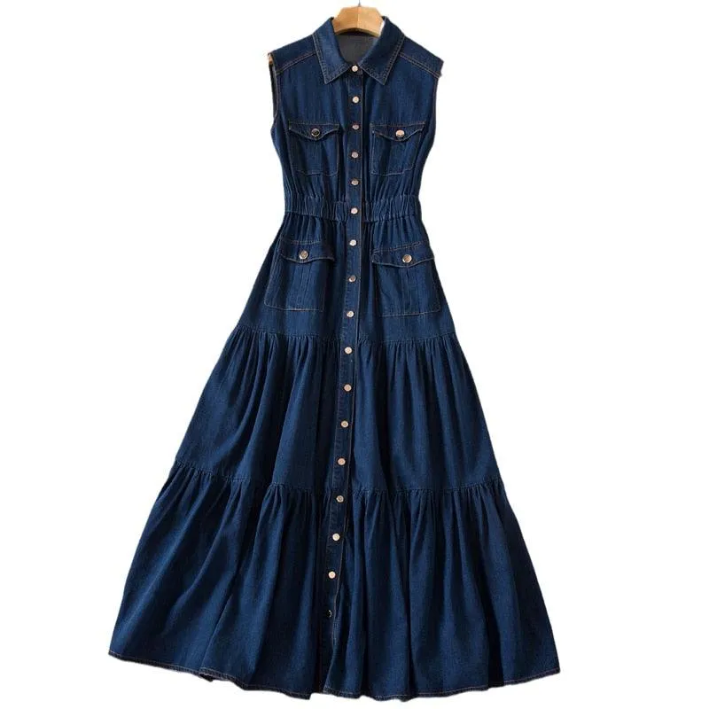 Midi Denim Dress, Designer Vintage Elegant Party Casual Single Breasted Long Dress