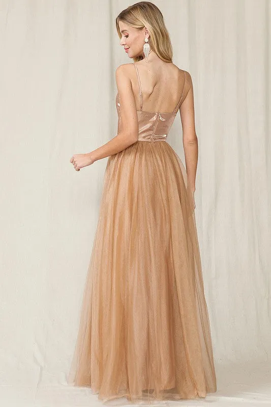 Mocha Sleeveless Tulle Maxi Dress