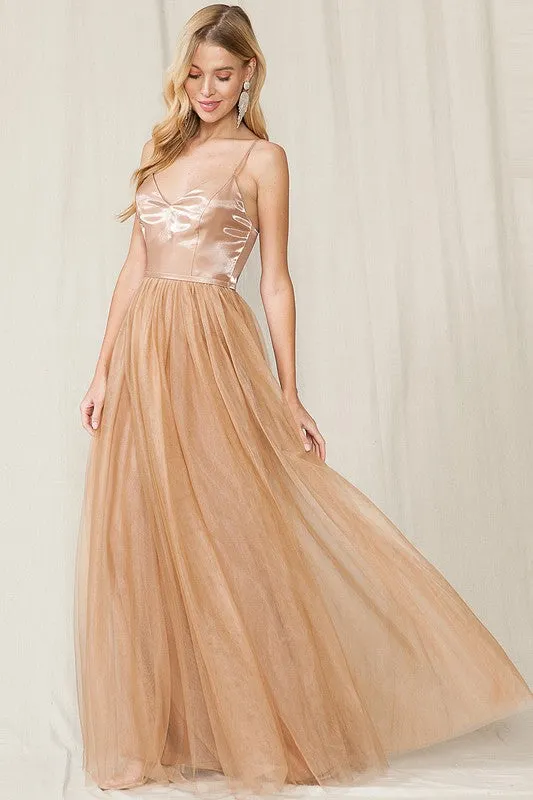 Mocha Sleeveless Tulle Maxi Dress