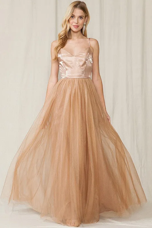 Mocha Sleeveless Tulle Maxi Dress