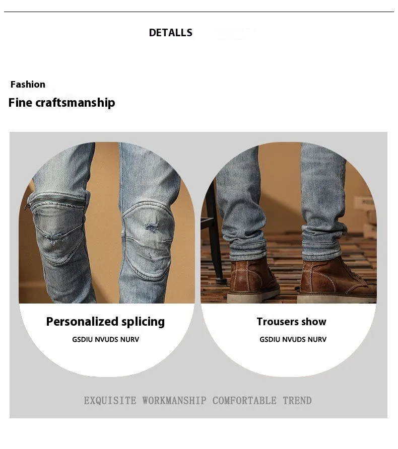 Motorcycle Jeans Korean Style Slim-fitting Ankle-tied High-end Men's Casual All-matching Stretch Pants