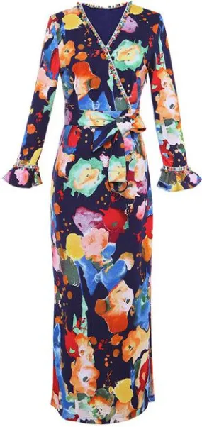 Multicolored Beaded-Trim Midi Dress