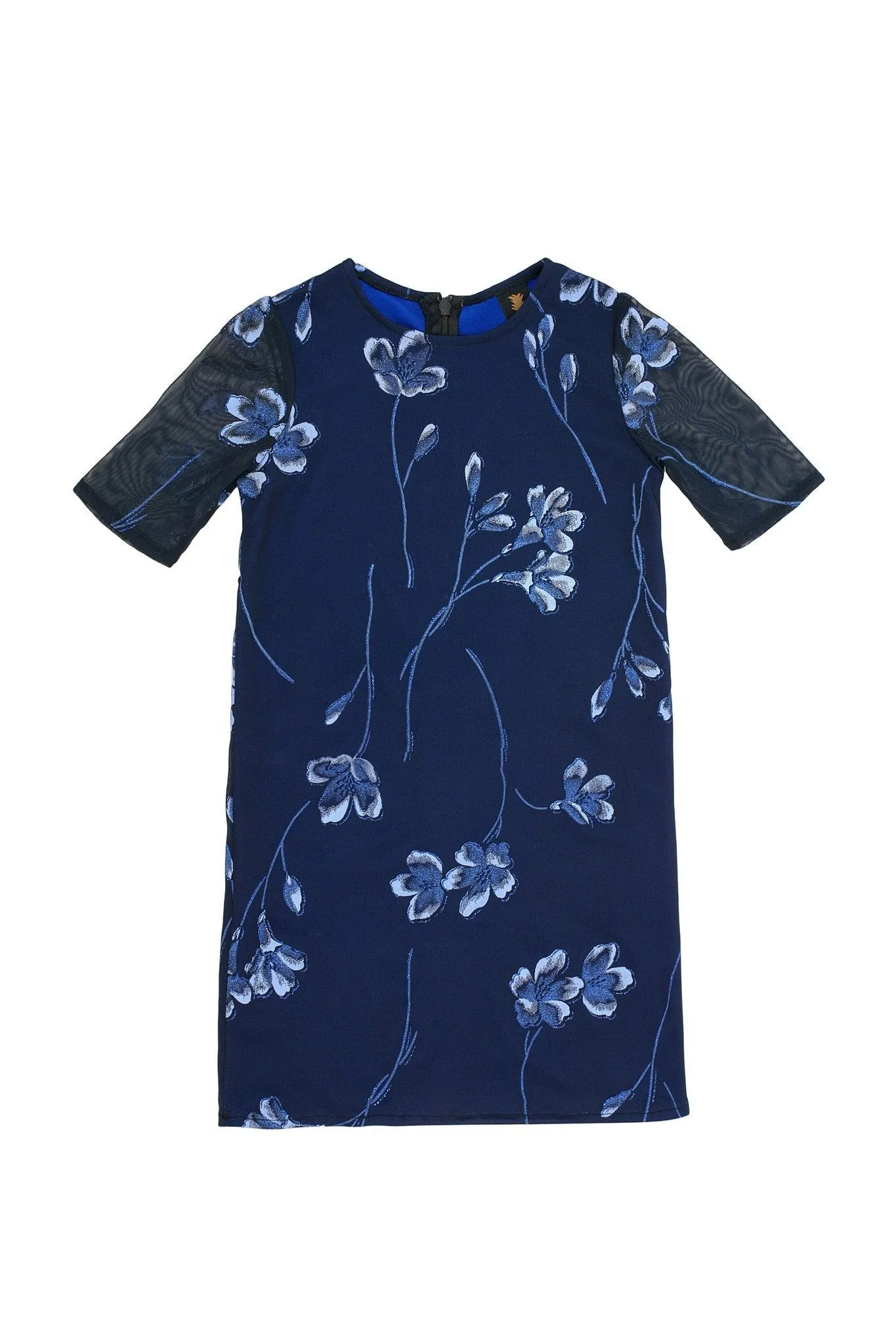 Navy Blue Floral Elbow Sleeve Cute Cocktail Party Shift Dress - Girls