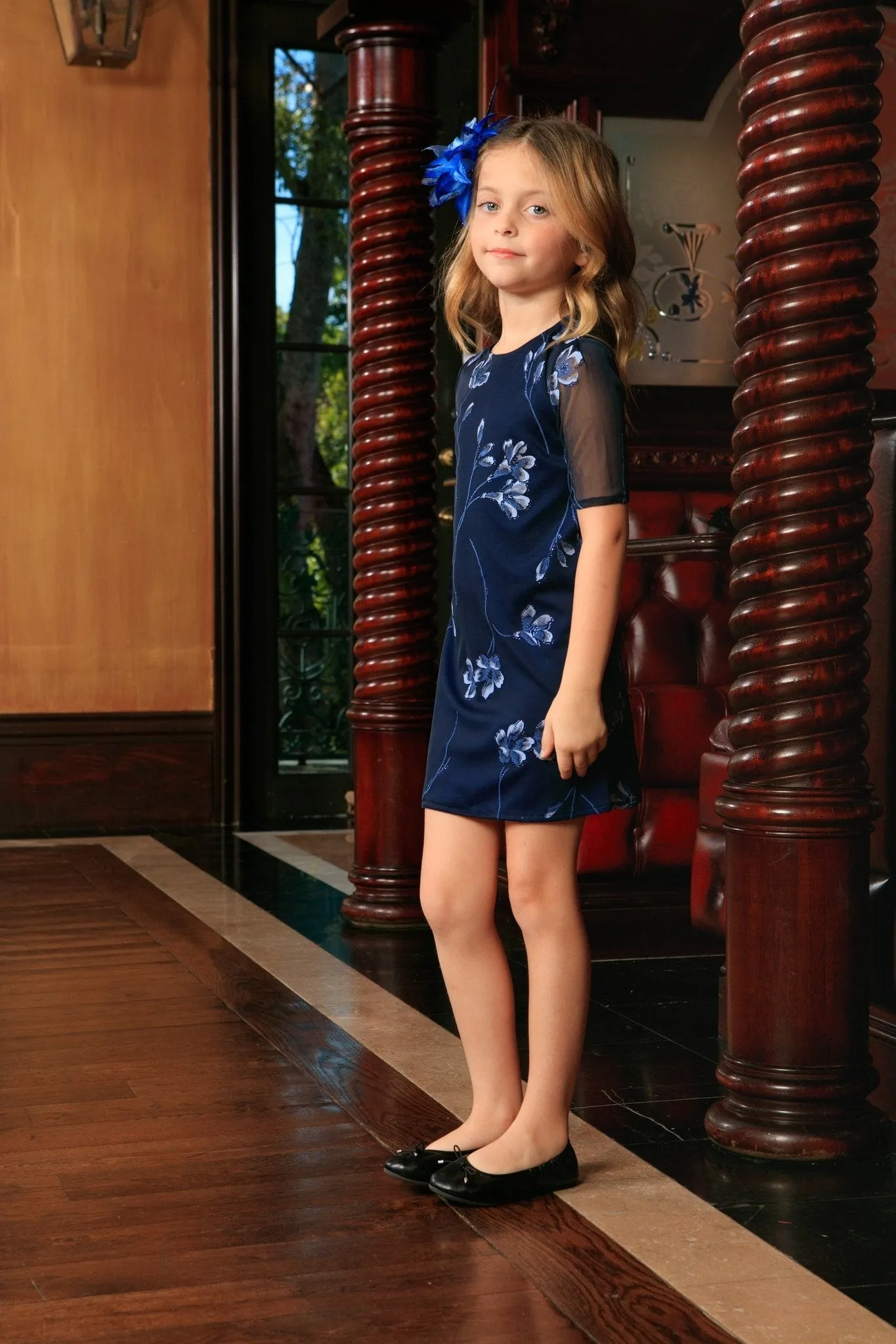 Navy Blue Floral Elbow Sleeve Cute Cocktail Party Shift Dress - Girls