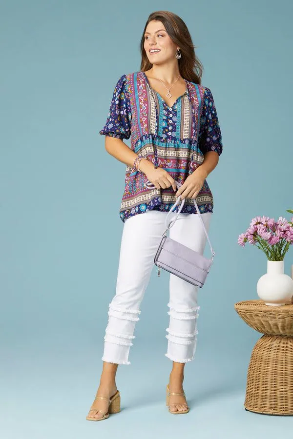 OMG ZOEY ZIP STRAIGHT LEG CAPRI W/ TIERED FRINGE