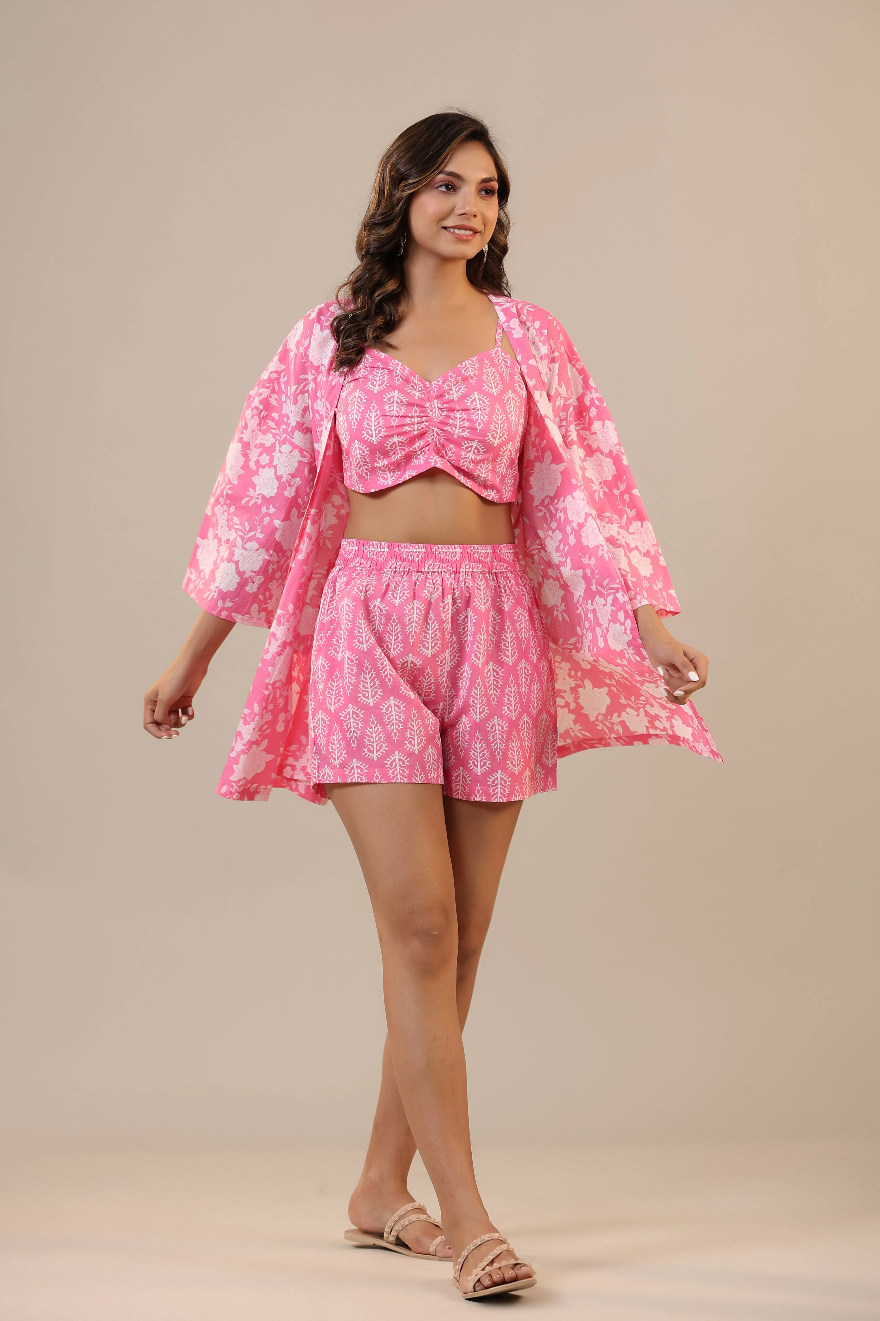 Pink Jaal on Crop Three Piece Shorts set