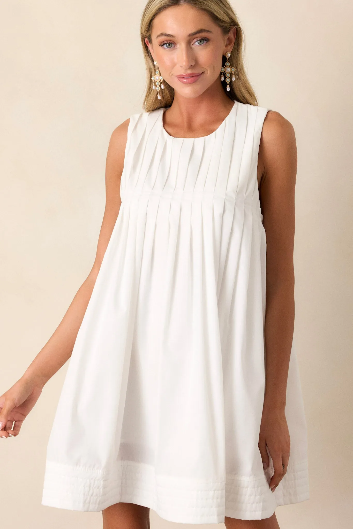 Pleated Petal White Mini Shift Dress