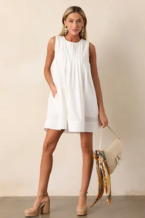 Pleated Petal White Mini Shift Dress