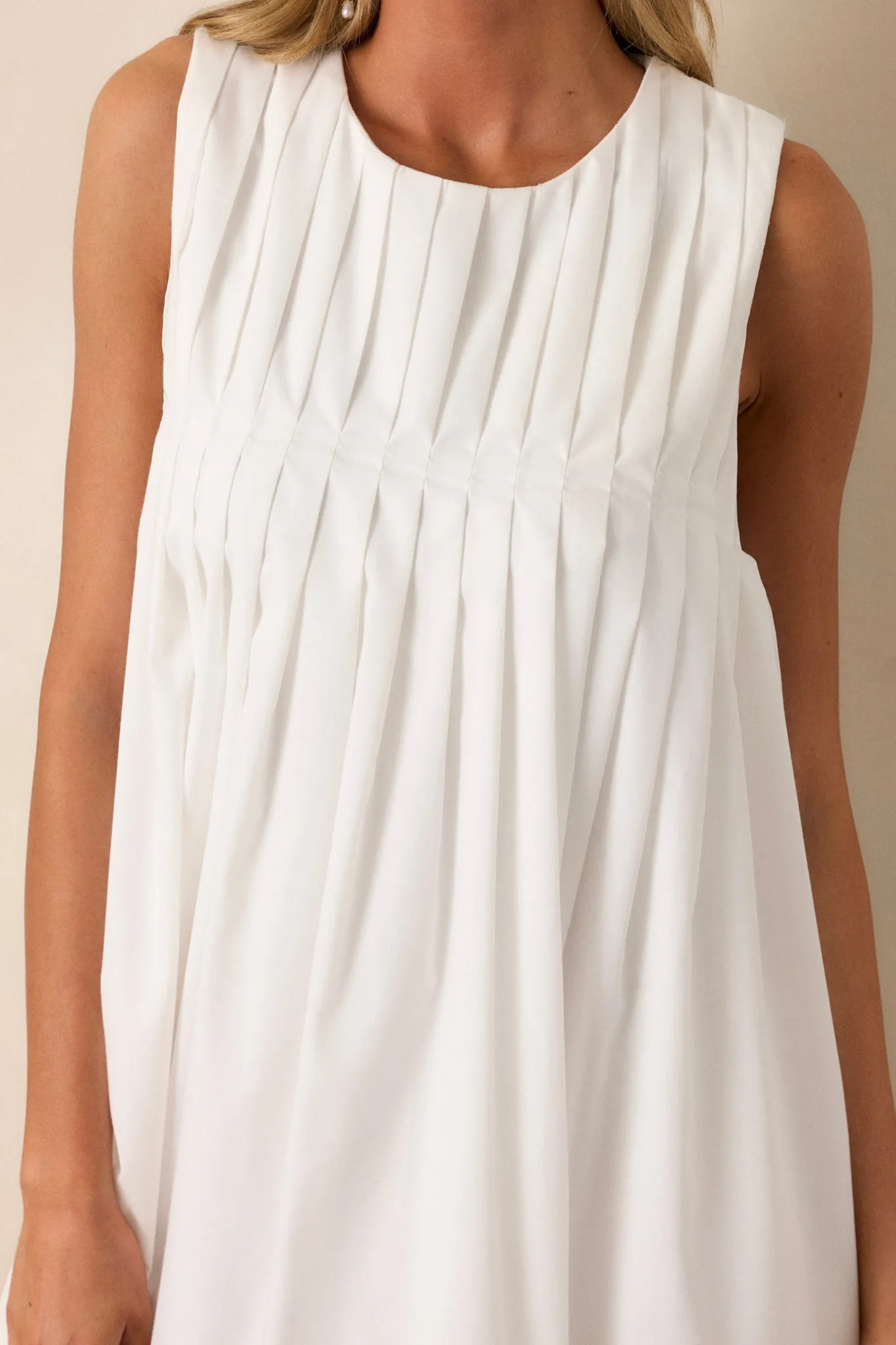 Pleated Petal White Mini Shift Dress