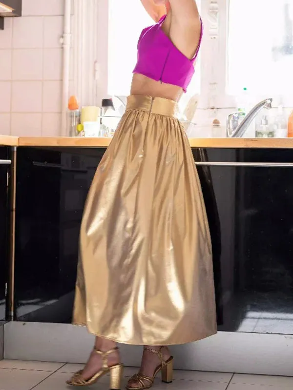 Pleated Shiny Solid Color Loose Skirts Bottoms