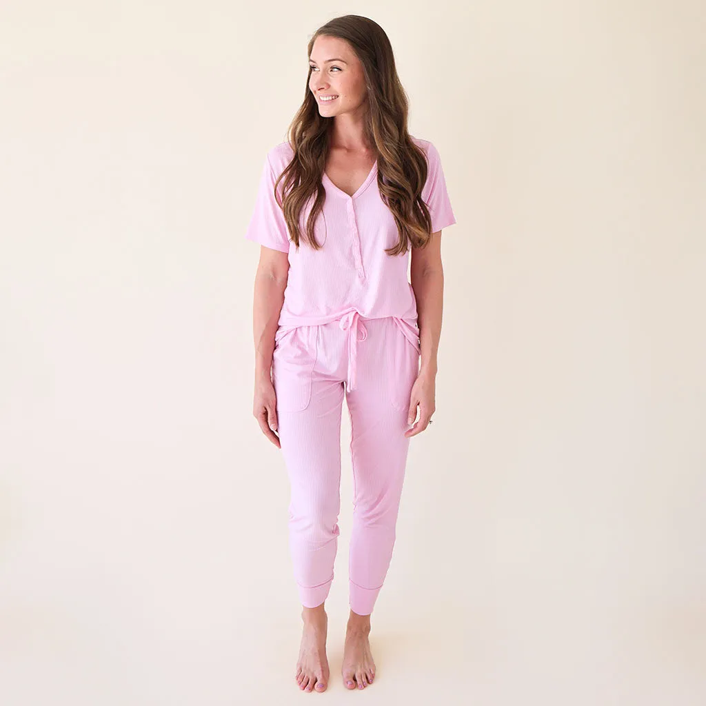 Posh Pink Ribbed Women's Short Sleeve Loungewear