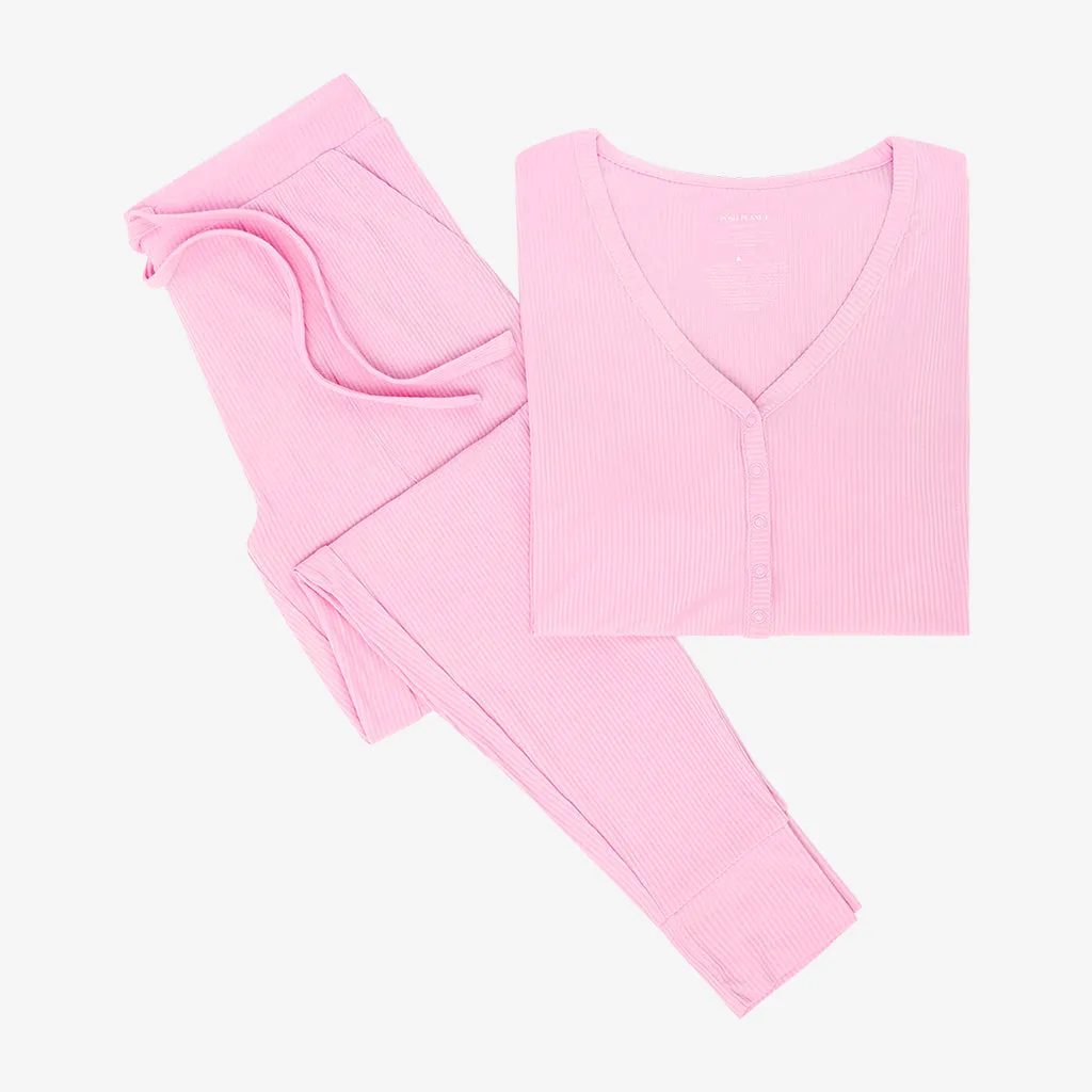 Posh Pink Ribbed Women's Short Sleeve Loungewear