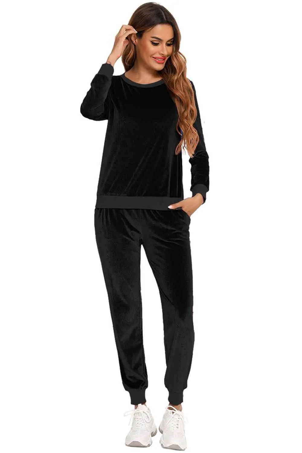 Round Neck Long Sleeve Loungewear Set with Pockets