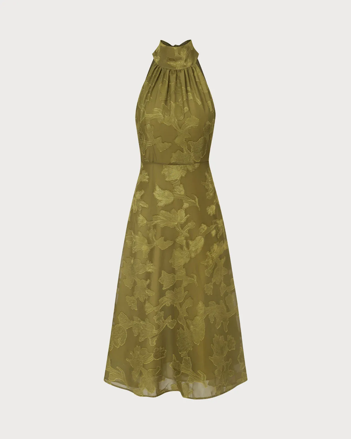 The Green Jacquard Ruched Halter Midi Dress