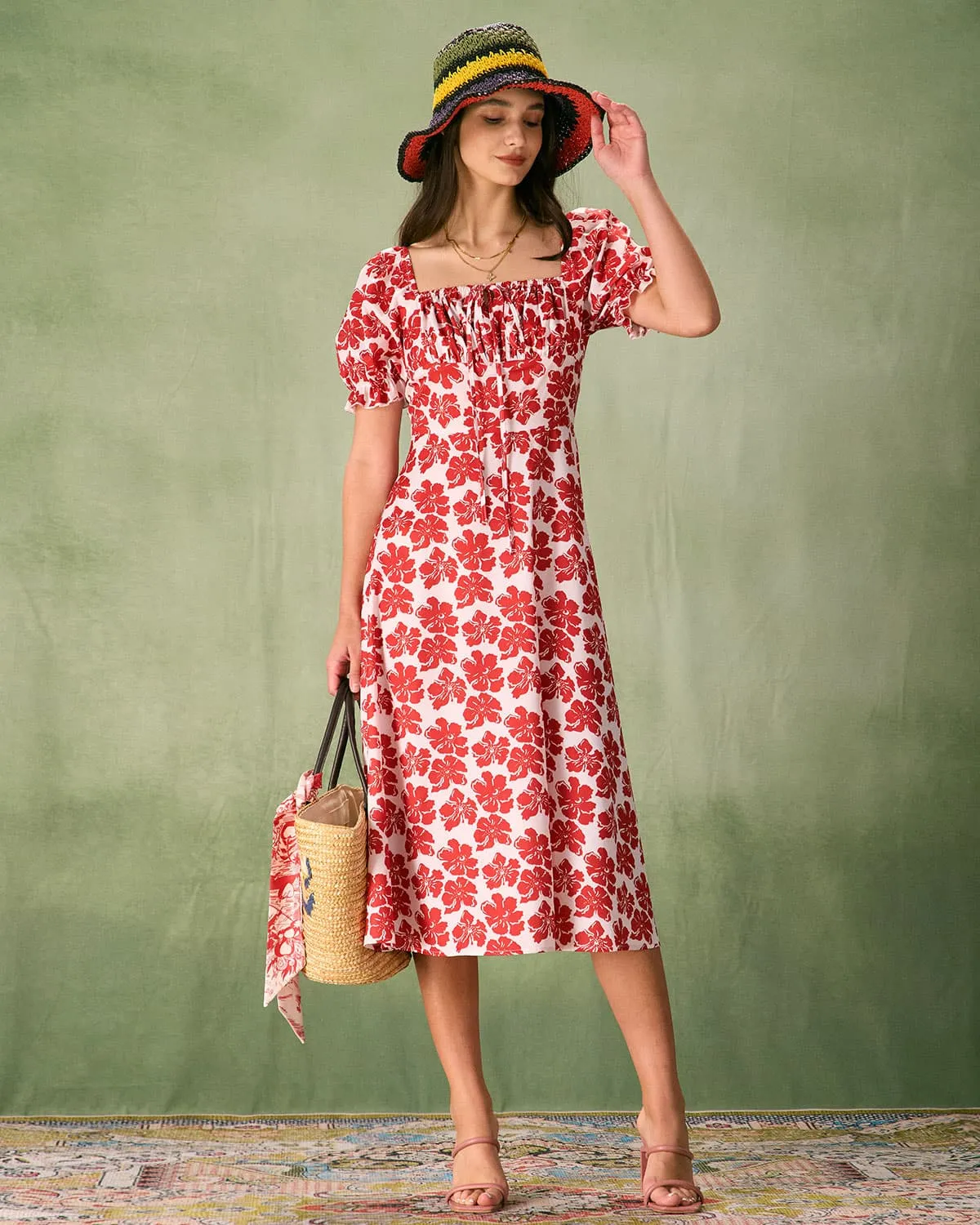 The Red Square Neck Floral Ruched Midi Dress