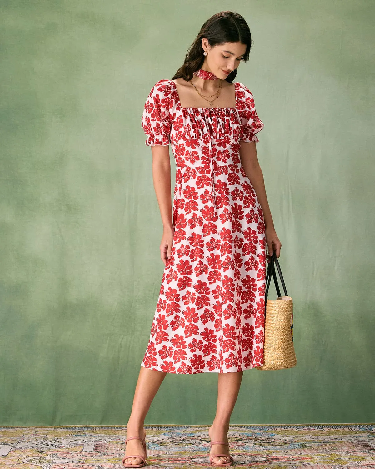 The Red Square Neck Floral Ruched Midi Dress