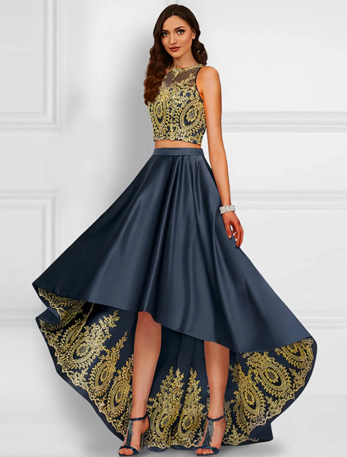 Two Piece Cocktail Dresses Sparkle & Shine Dress Prom Asymmetrical Sleeveless Jewel Neck Charmeuse with Appliques