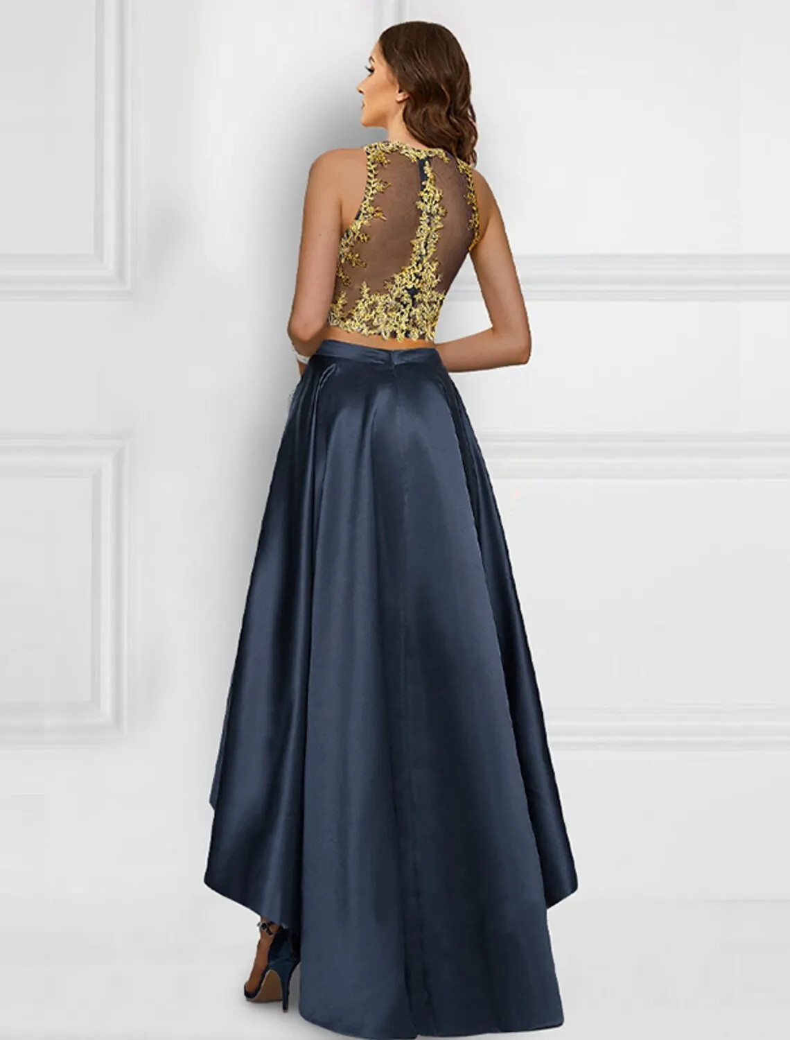 Two Piece Cocktail Dresses Sparkle & Shine Dress Prom Asymmetrical Sleeveless Jewel Neck Charmeuse with Appliques