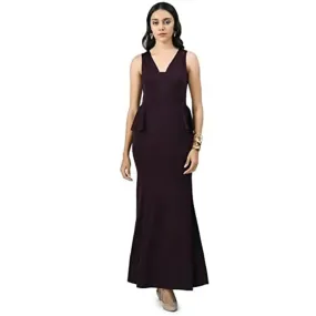 V&M Teal Blue and Burgandy fishcut Peplum Long Maxi Dress for Women (X-Small, Burgandy)