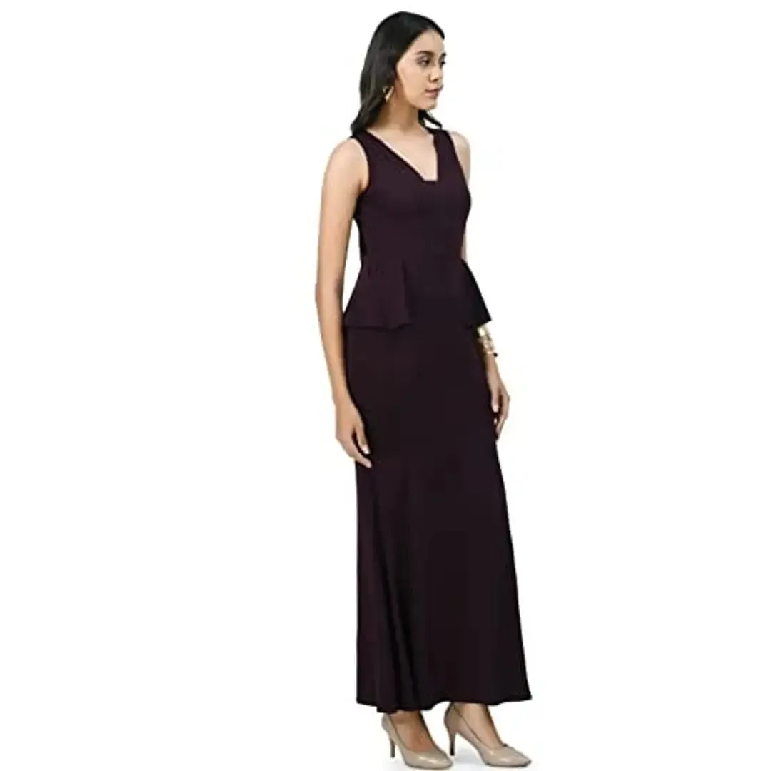 V&M Teal Blue and Burgandy fishcut Peplum Long Maxi Dress for Women (X-Small, Burgandy)