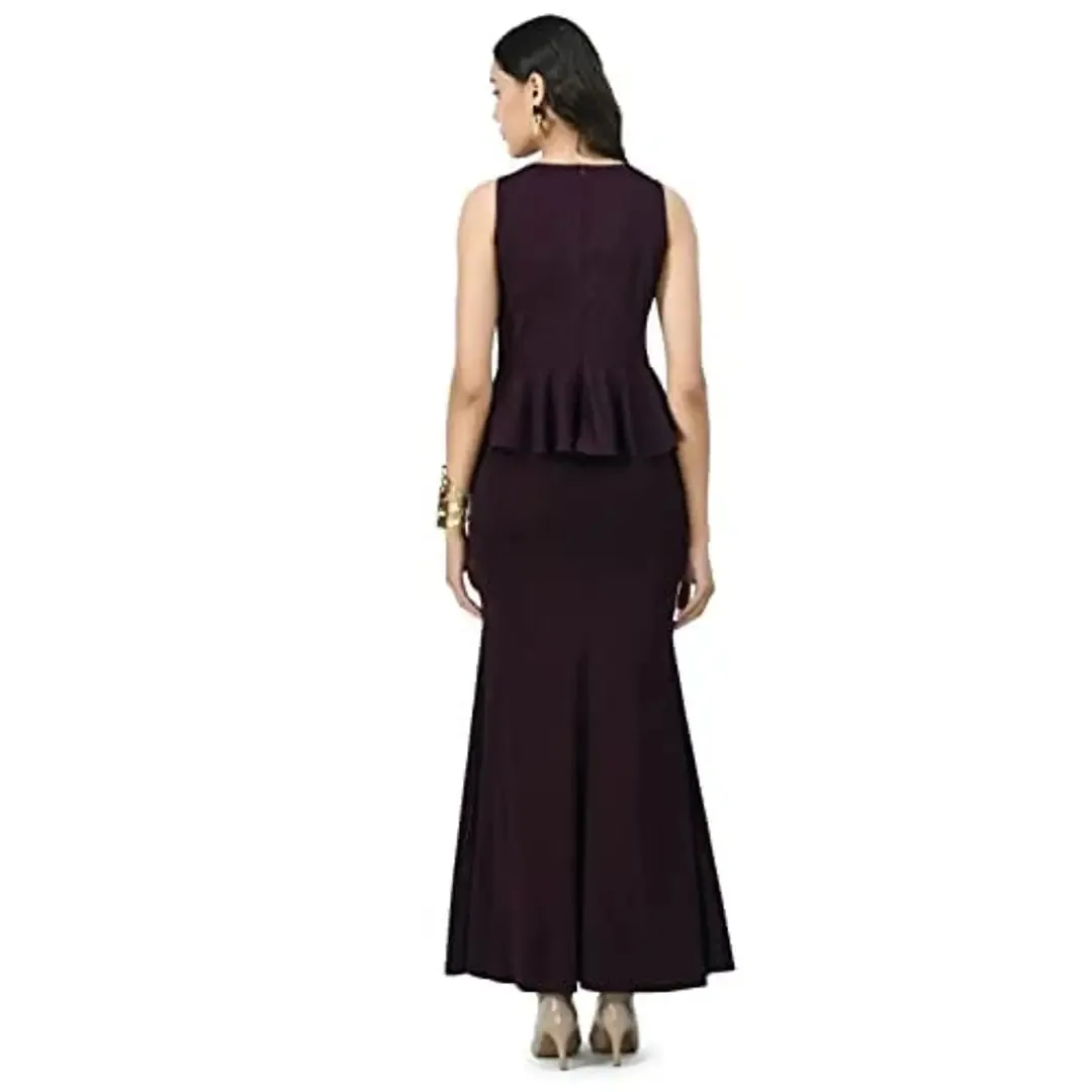 V&M Teal Blue and Burgandy fishcut Peplum Long Maxi Dress for Women (X-Small, Burgandy)