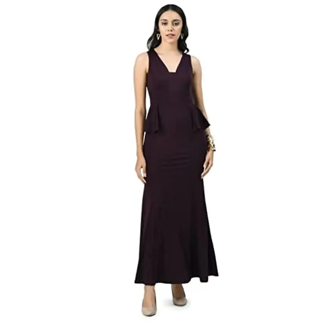 V&M Teal Blue and Burgandy fishcut Peplum Long Maxi Dress for Women (X-Small, Burgandy)