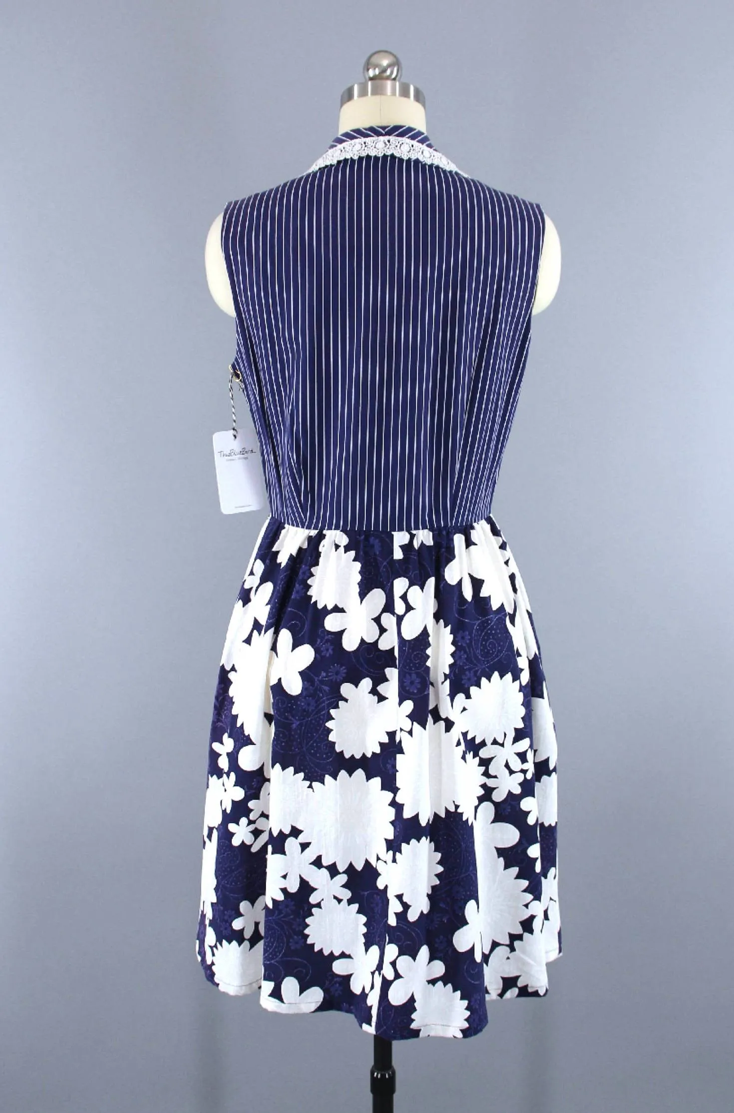 Vintage Blue Floral   Stripes Summer Dress