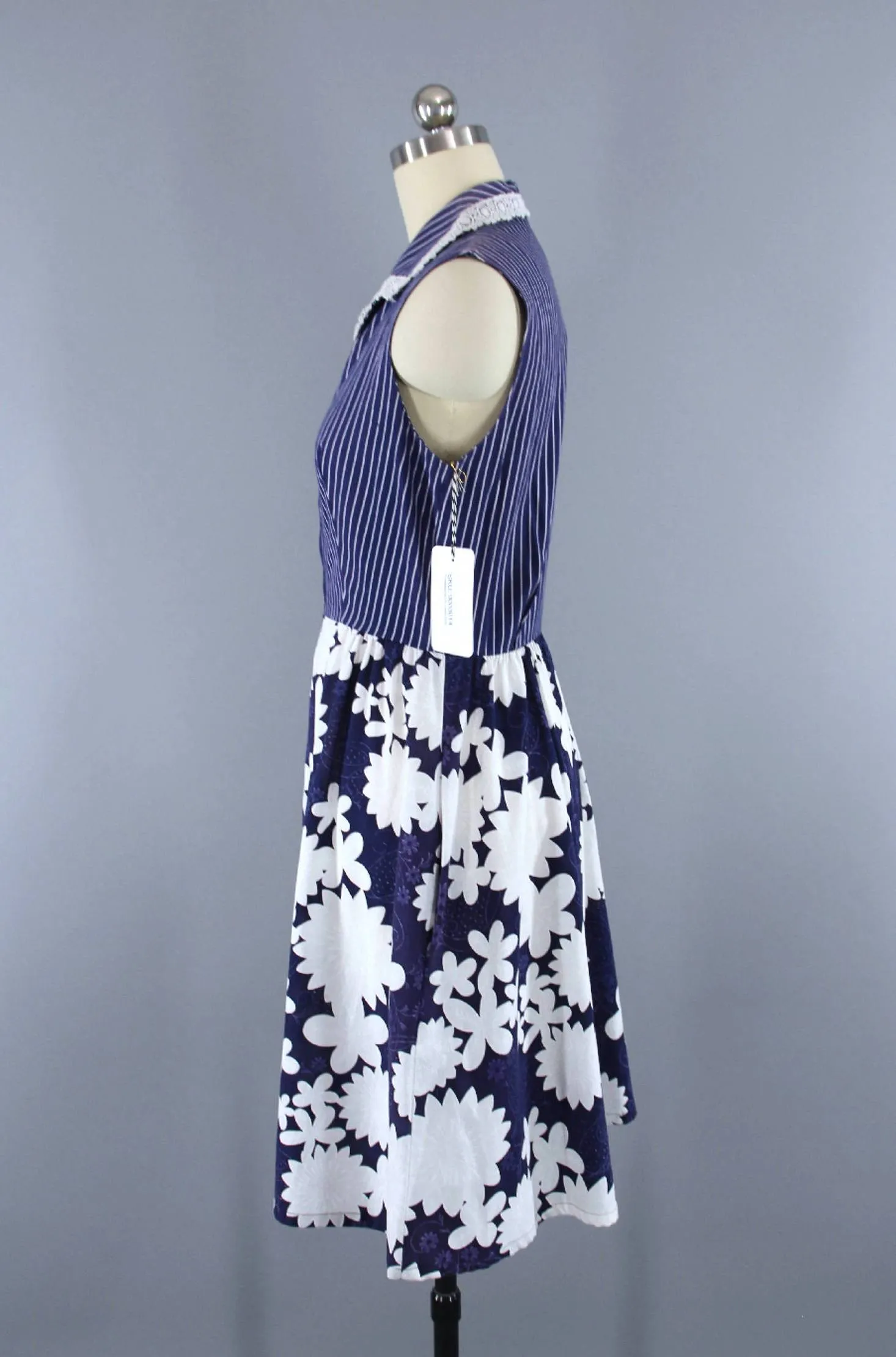 Vintage Blue Floral   Stripes Summer Dress