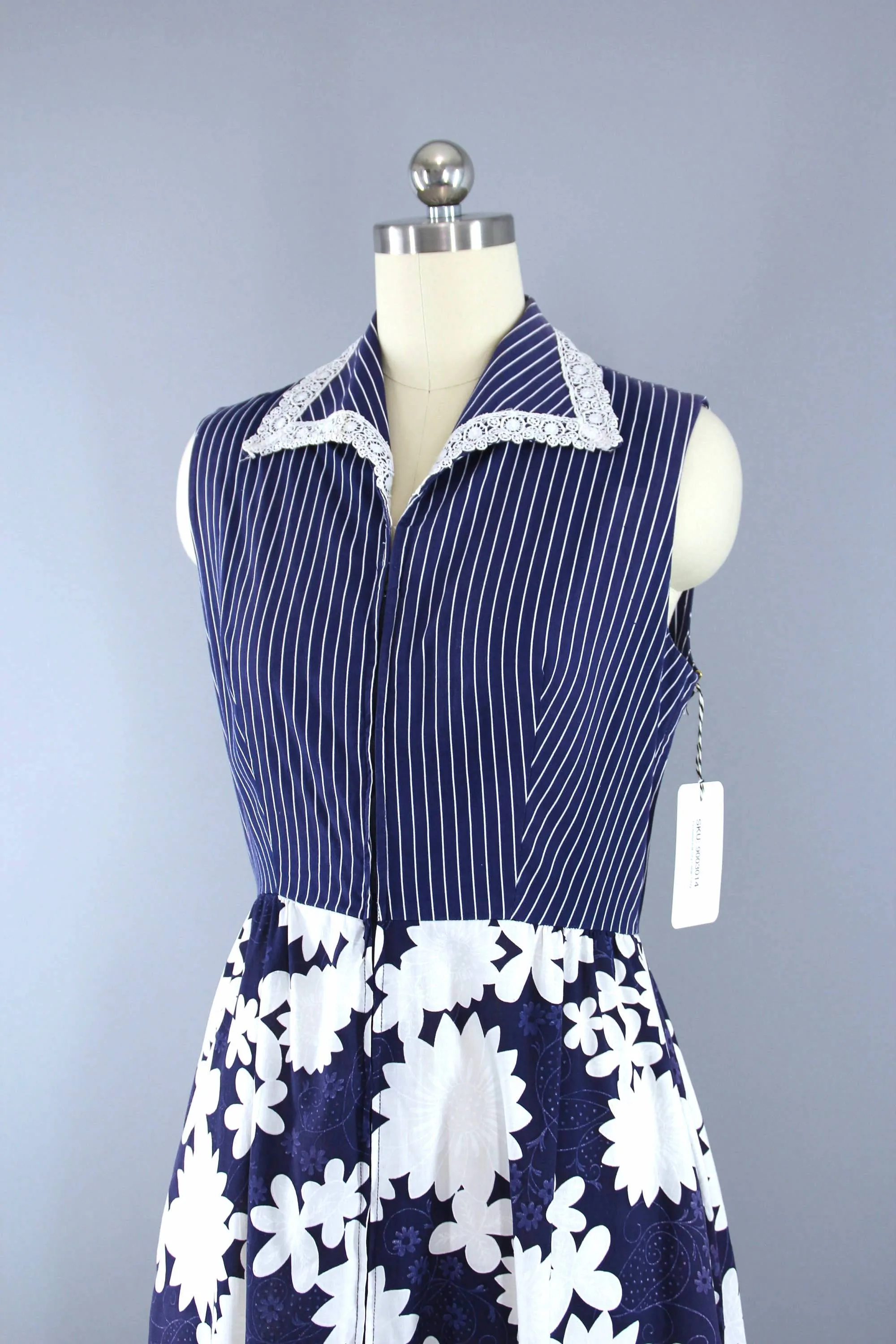 Vintage Blue Floral   Stripes Summer Dress