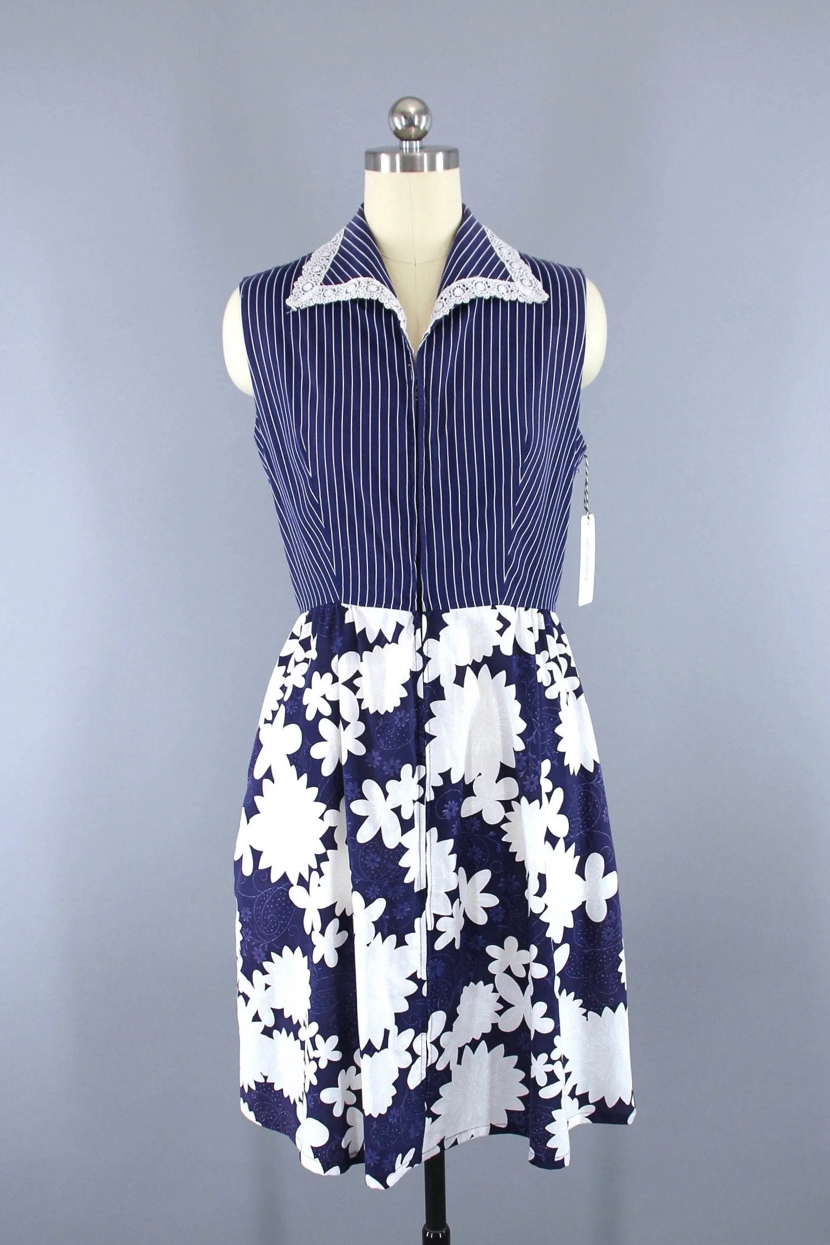 Vintage Blue Floral   Stripes Summer Dress