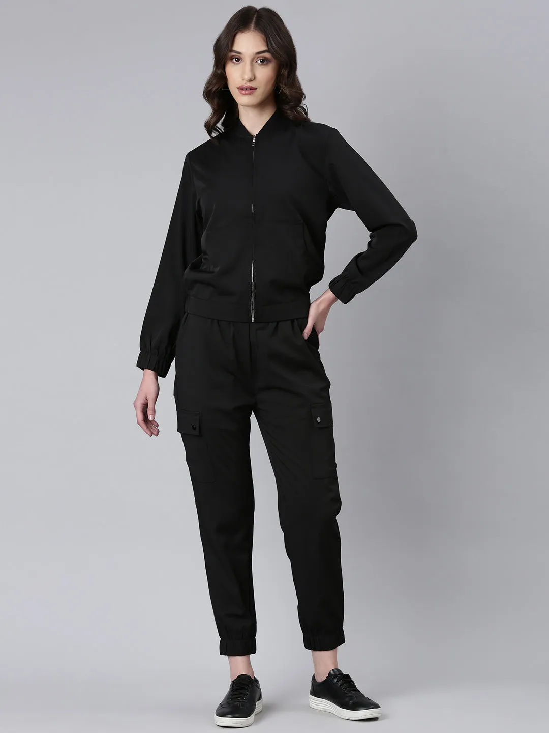 Women Black Solid Tracksuit