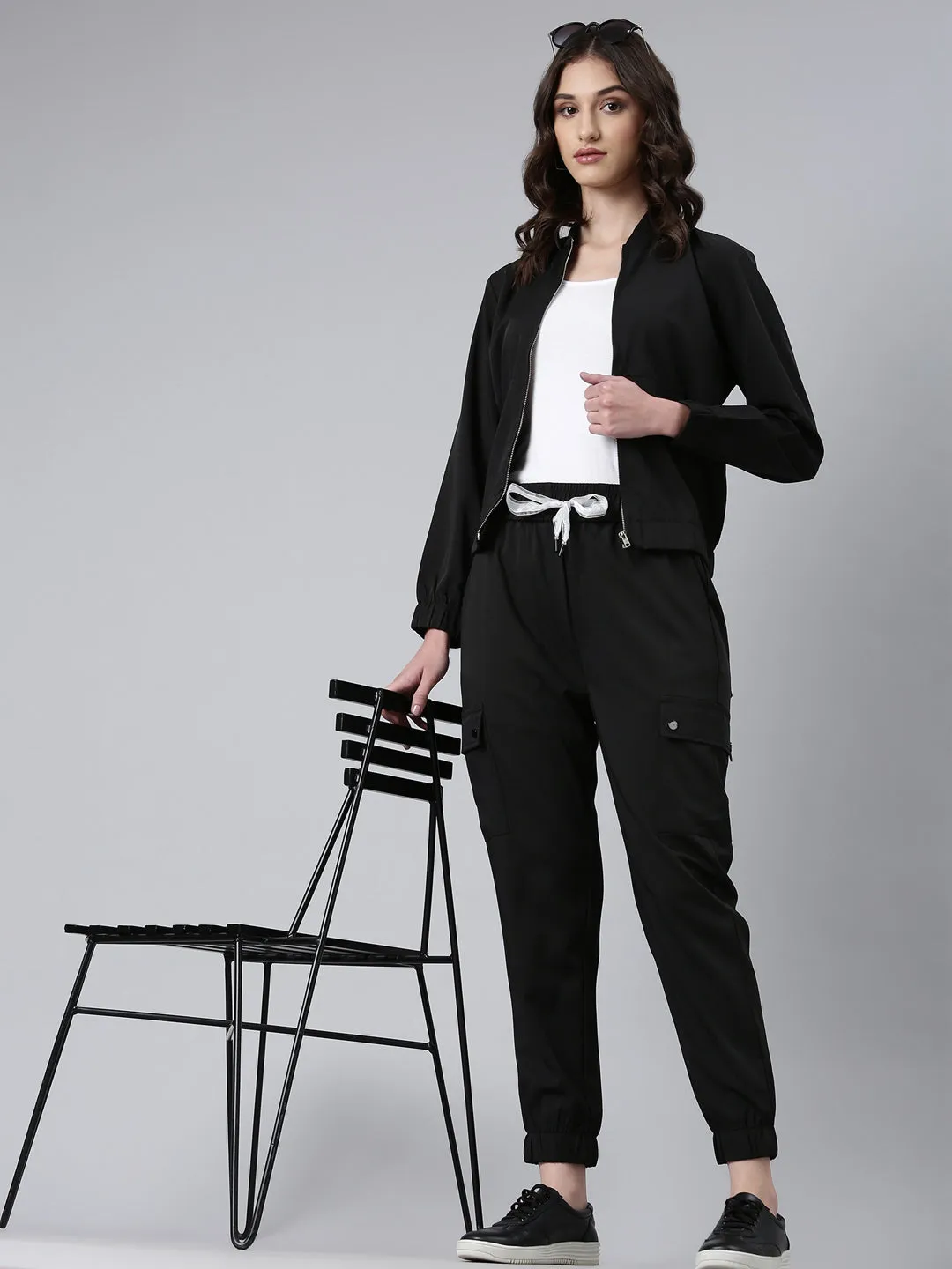 Women Black Solid Tracksuit