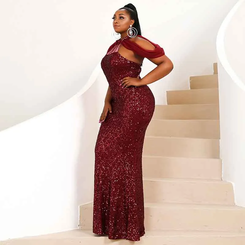 Women Plus Size Party Dress Sequin Sleeveless Burgundy Maxi Formal Party Prom Gowns