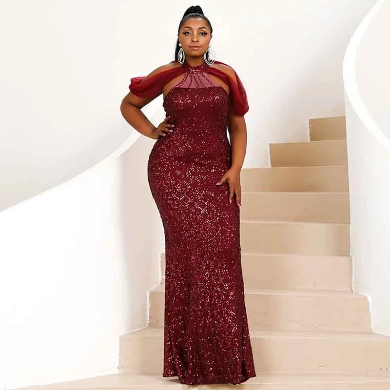 Women Plus Size Party Dress Sequin Sleeveless Burgundy Maxi Formal Party Prom Gowns