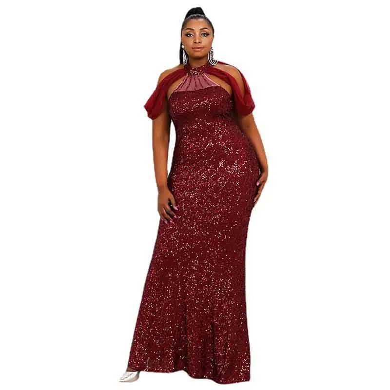 Women Plus Size Party Dress Sequin Sleeveless Burgundy Maxi Formal Party Prom Gowns